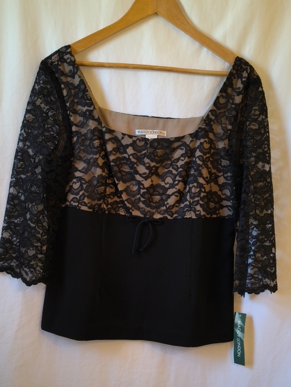 Maggy London Black Lace Overlay Top with Nude Lining